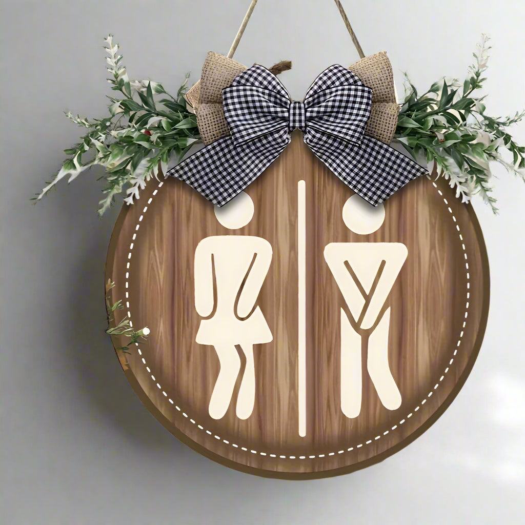 LooCharm - Rustic Bow Round Wooden Restroom Sign