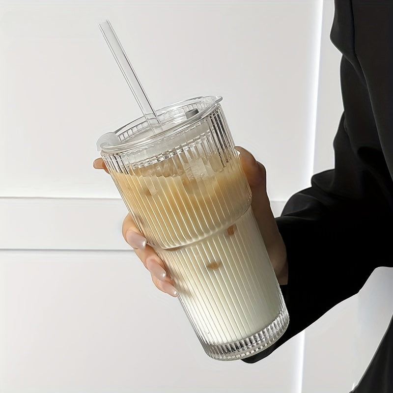 LuxeSip - Versatile Drinkware Ribbed Glass with Lids and Straws