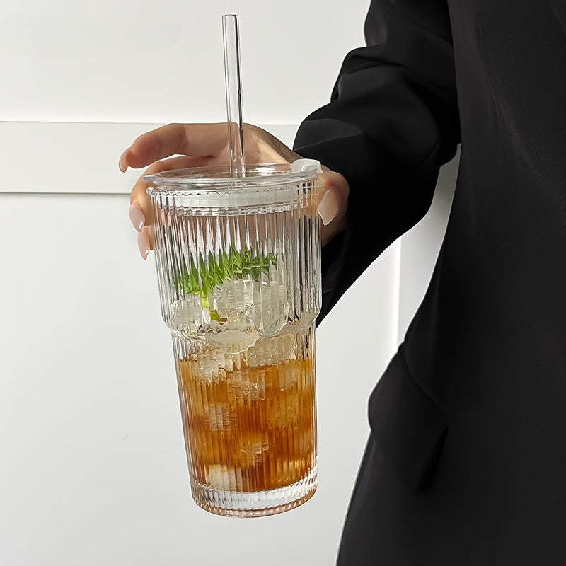LuxeSip - Versatile Drinkware Ribbed Glass with Lids and Straws
