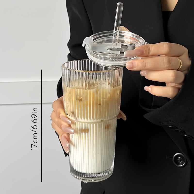 LuxeSip - Versatile Drinkware Ribbed Glass with Lids and Straws