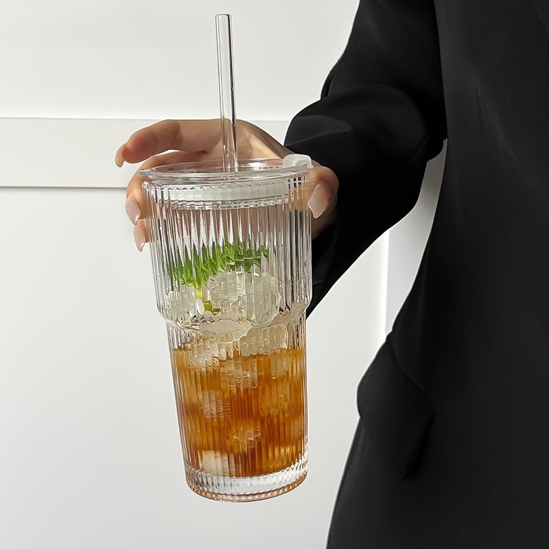 LuxeSip - Versatile Drinkware Ribbed Glass with Lids and Straws