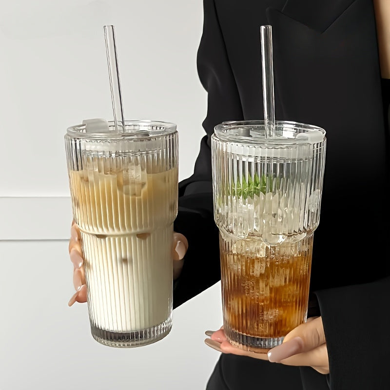 LuxeSip - Versatile Drinkware Ribbed Glass with Lids and Straws