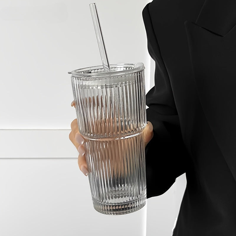 LuxeSip - Versatile Drinkware Ribbed Glass with Lids and Straws