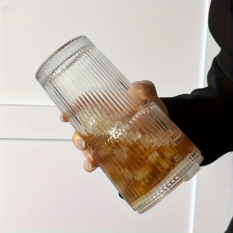 LuxeSip - Versatile Drinkware Ribbed Glass with Lids and Straws
