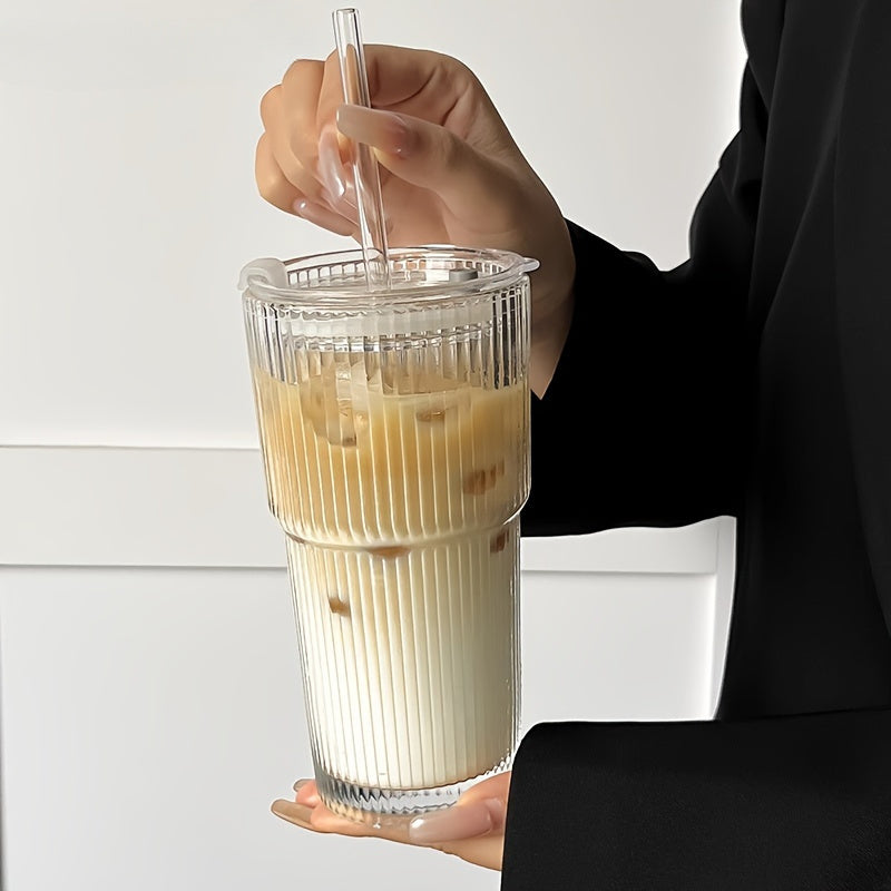 LuxeSip - Versatile Drinkware Ribbed Glass with Lids and Straws