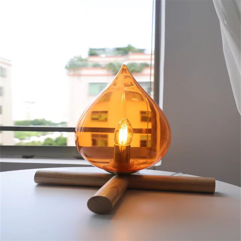 LumiAmber - Teardrop Glass Table Lamp with Wooden Base