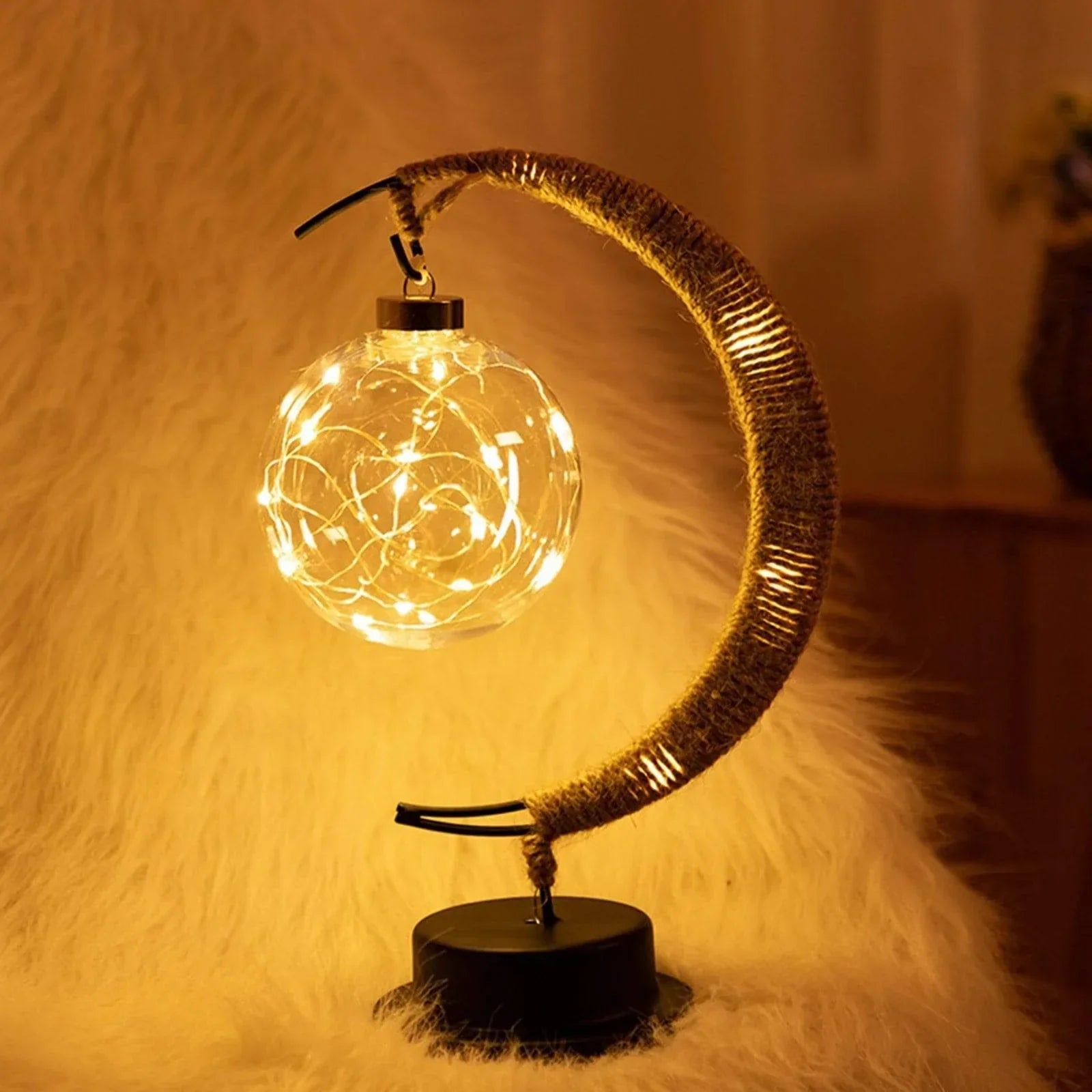 LunaGlow - Enchanting Crescent Moon Table Lamp with Twine Design