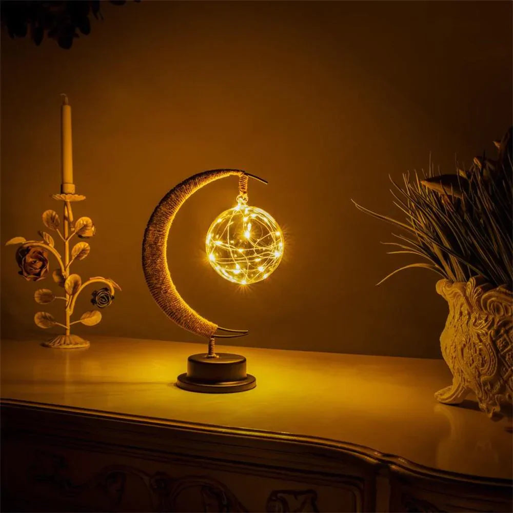 LunaGlow - Enchanting Crescent Moon Table Lamp with Twine Design