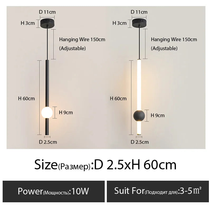 LumaSphere - Minimalist Pendant Light with Slender Black Rod and Glass Globe