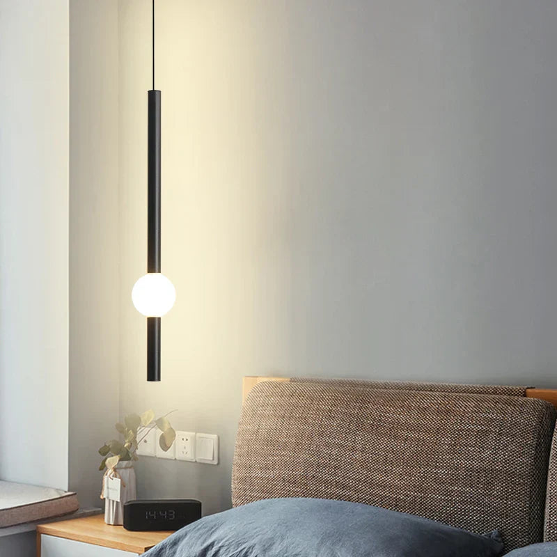 LumaSphere - Minimalist Pendant Light with Slender Black Rod and Glass Globe