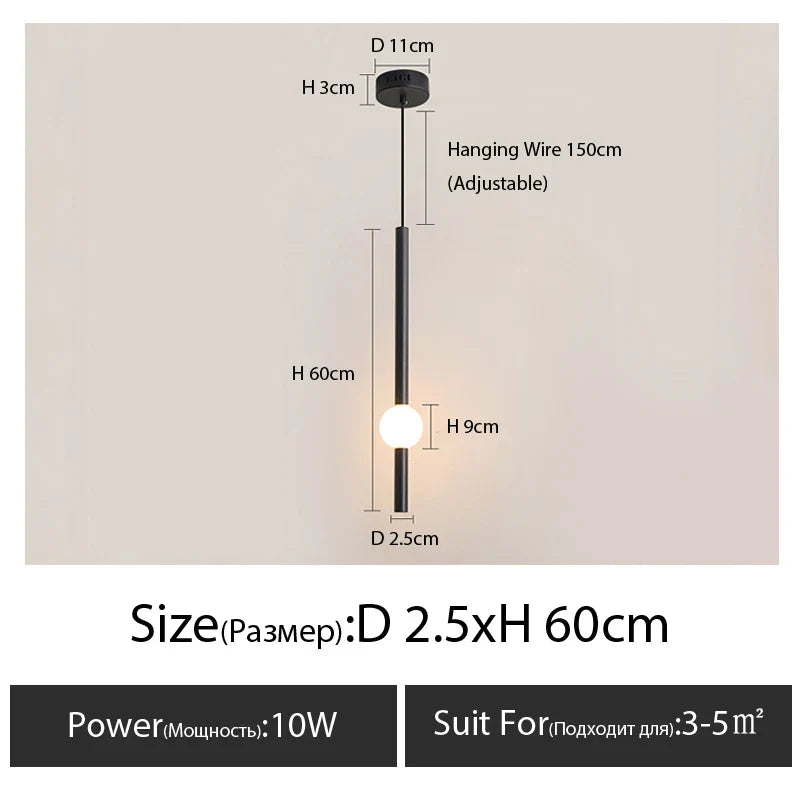 LumaSphere - Minimalist Pendant Light with Slender Black Rod and Glass Globe