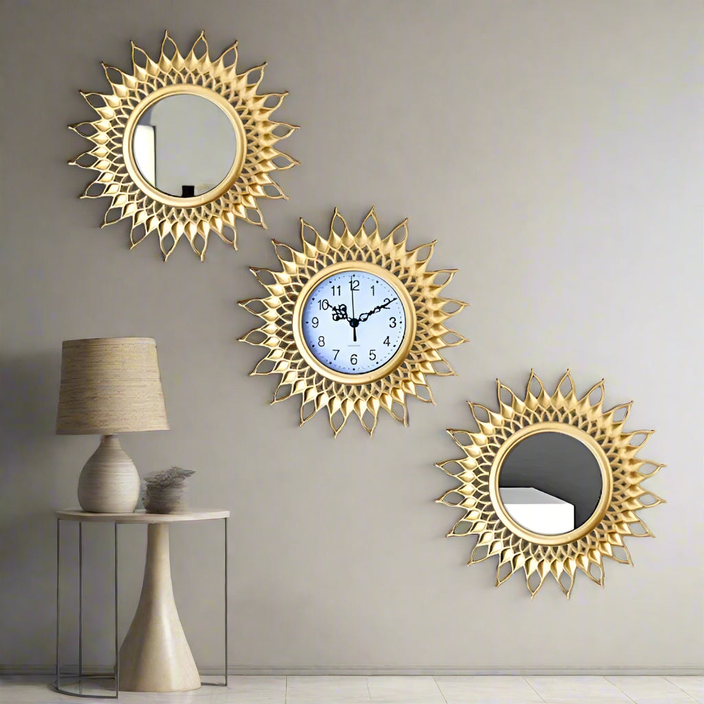 GlimmerTime - 3-Piece Geometric Wall Clock and Mirror Set