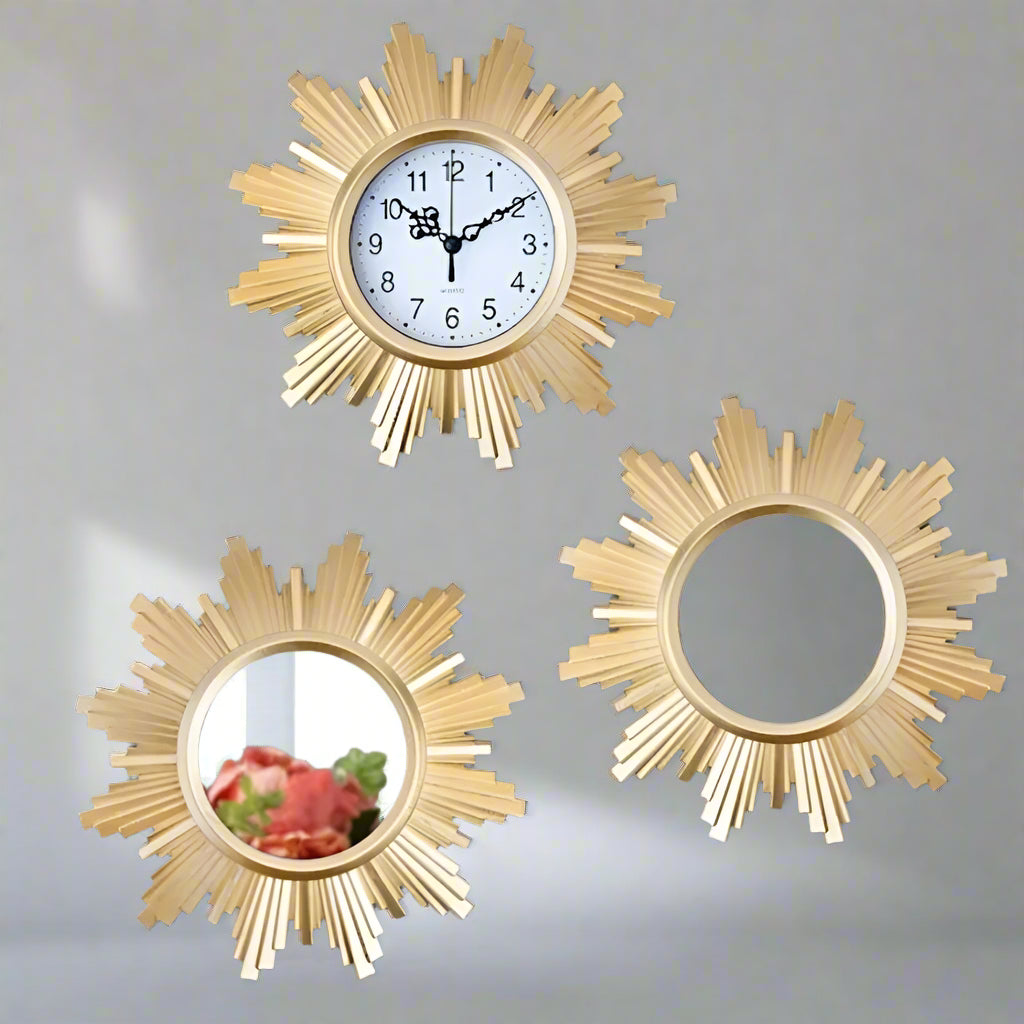 GlimmerTime - 3-Piece Geometric Wall Clock and Mirror Set