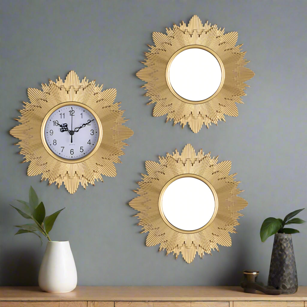 GlimmerTime - 3-Piece Geometric Wall Clock and Mirror Set