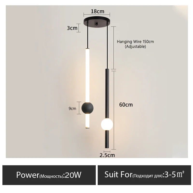 LumaSphere - Minimalist Pendant Light with Slender Black Rod and Glass Globe