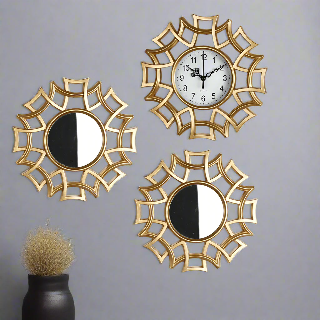 GlimmerTime - 3-Piece Geometric Wall Clock and Mirror Set