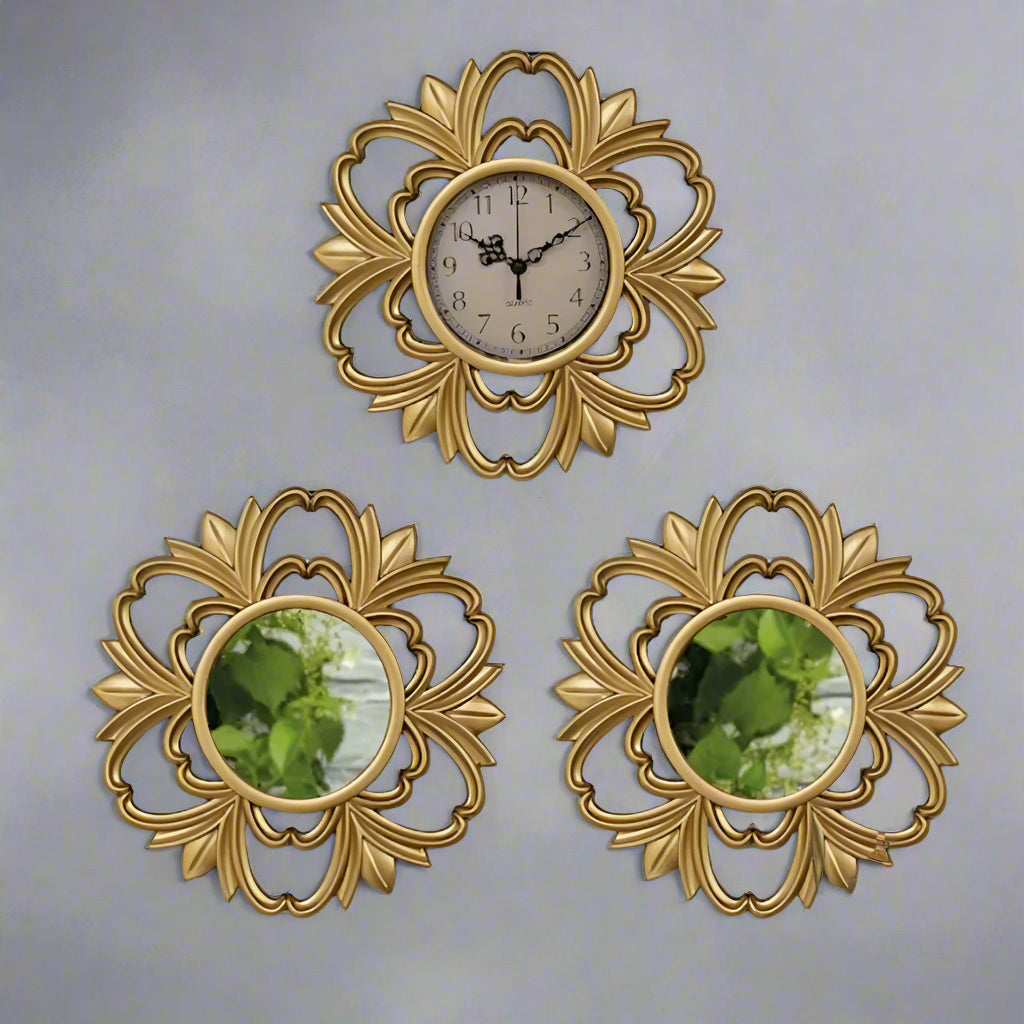 GlimmerTime - 3-Piece Geometric Wall Clock and Mirror Set