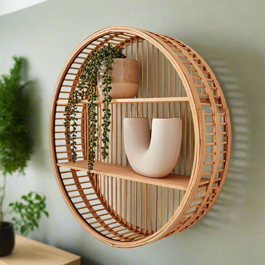 Bambloom - Round Bamboo Wall Shelf with 2-Tier Display