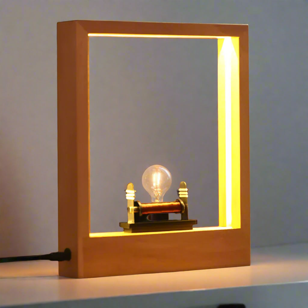 AetherGlow – Levitating Wooden Display with Floating Feather and Plant