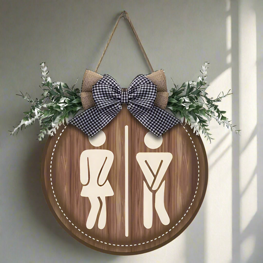 LooCharm - Rustic Bow Round Wooden Restroom Sign