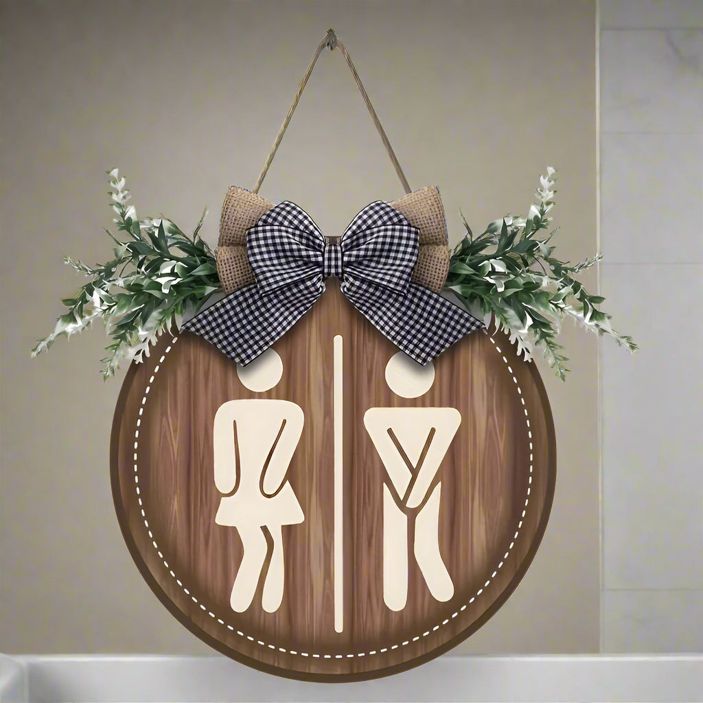 LooCharm - Rustic Bow Round Wooden Restroom Sign