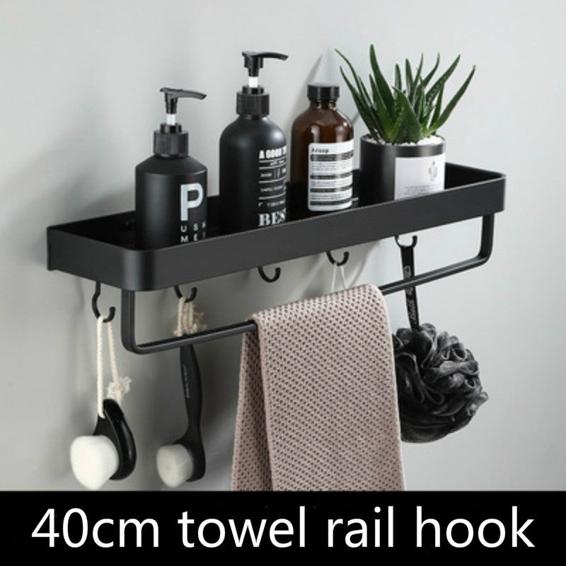 NoirLux- Wall Shelf Sleek Bathroom Storage with Towel Bar and Hooks