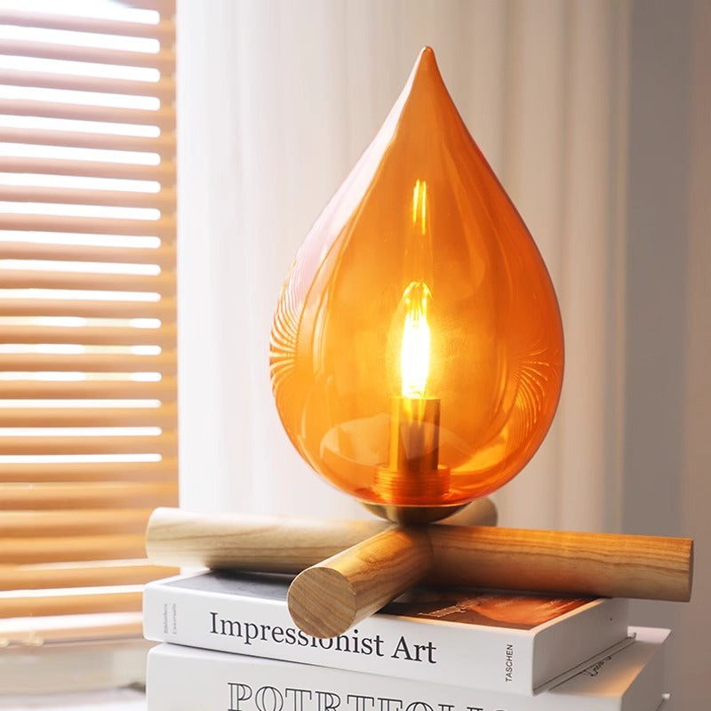 LumiAmber - Teardrop Glass Table Lamp with Wooden Base