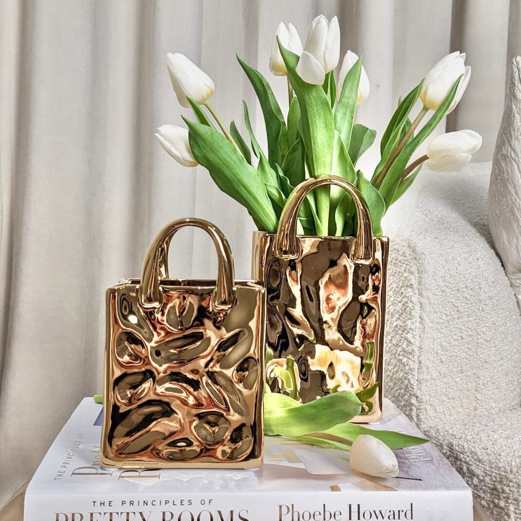 LuxeGleam - Unique Gold Hammered Tote Bag Vase