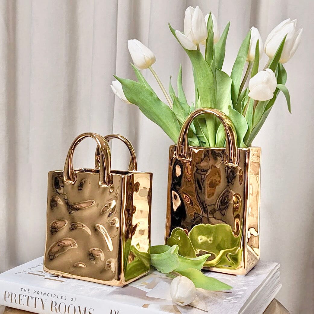 LuxeGleam - Unique Gold Hammered Tote Bag Vase