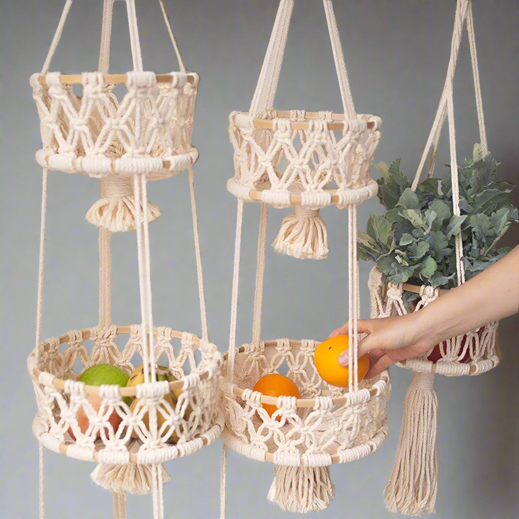 LunaWeave- Hanging Macrame Basket Set with Tassel Detail