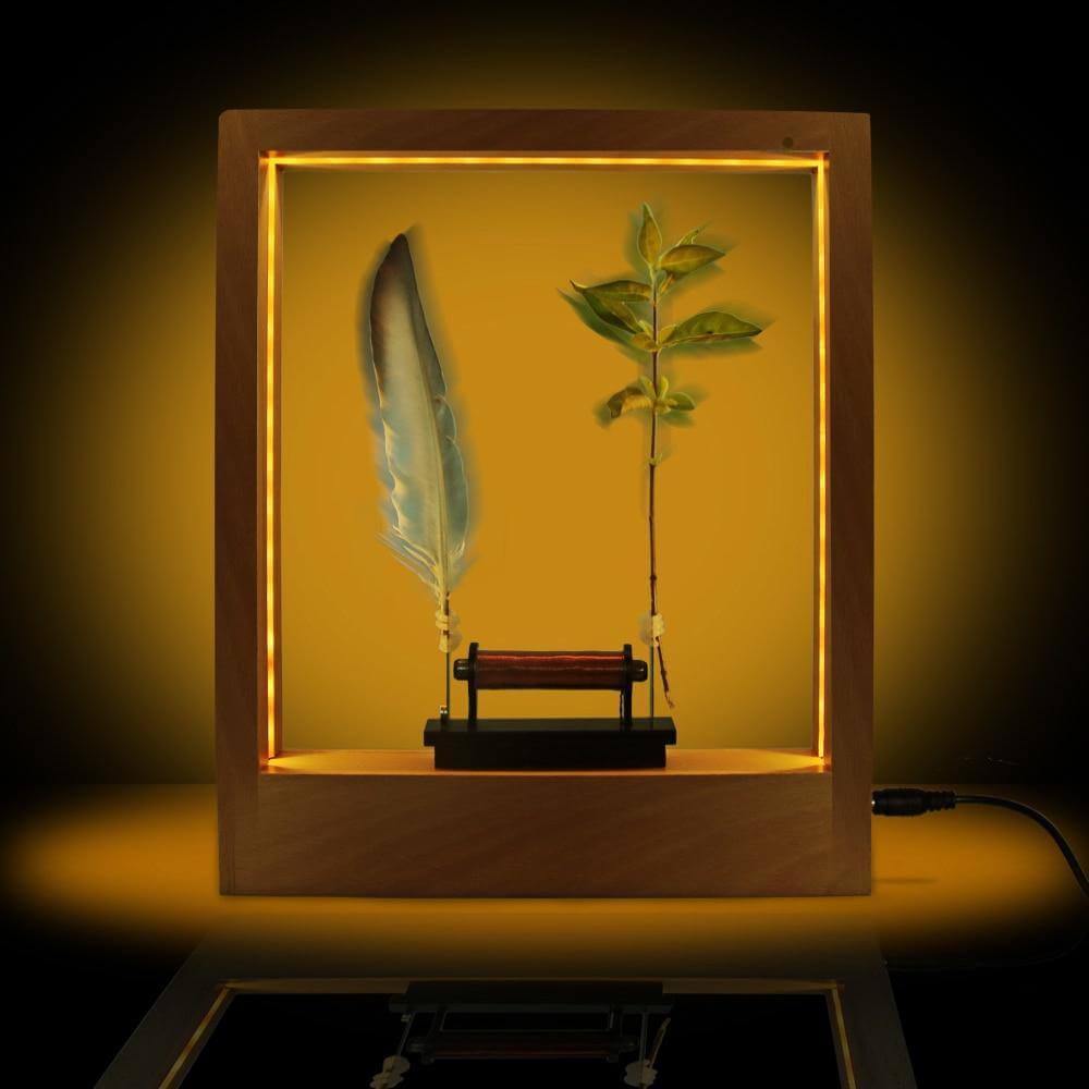 AetherGlow – Levitating Wooden Display with Floating Feather and Plant