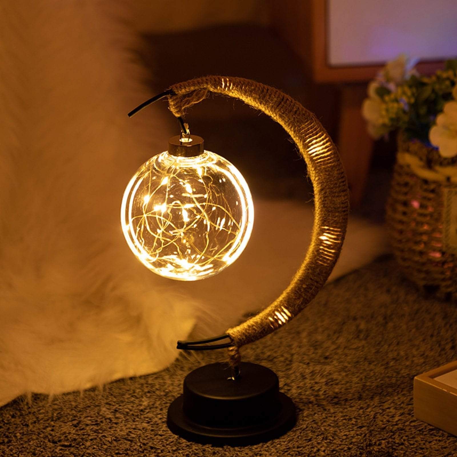 LunaGlow - Enchanting Crescent Moon Table Lamp with Twine Design