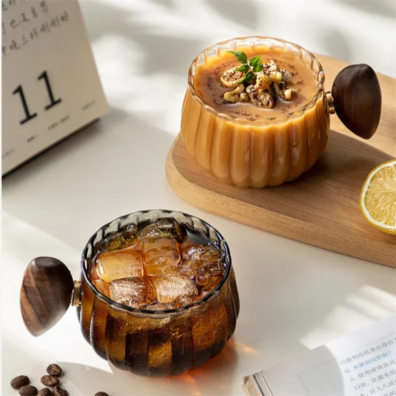 LuxeBrew - Elegant Glass Mugs with Wooden Handles