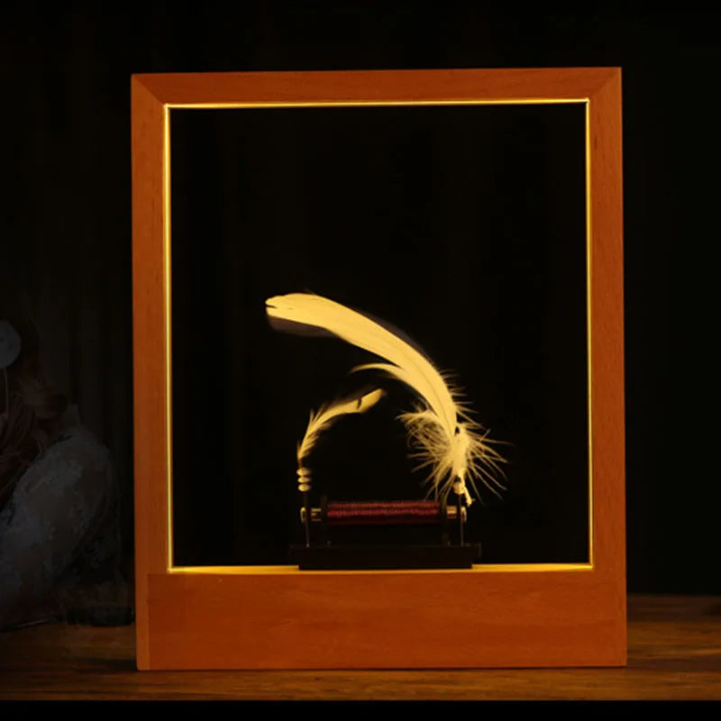 AetherGlow – Levitating Wooden Display with Floating Feather and Plant