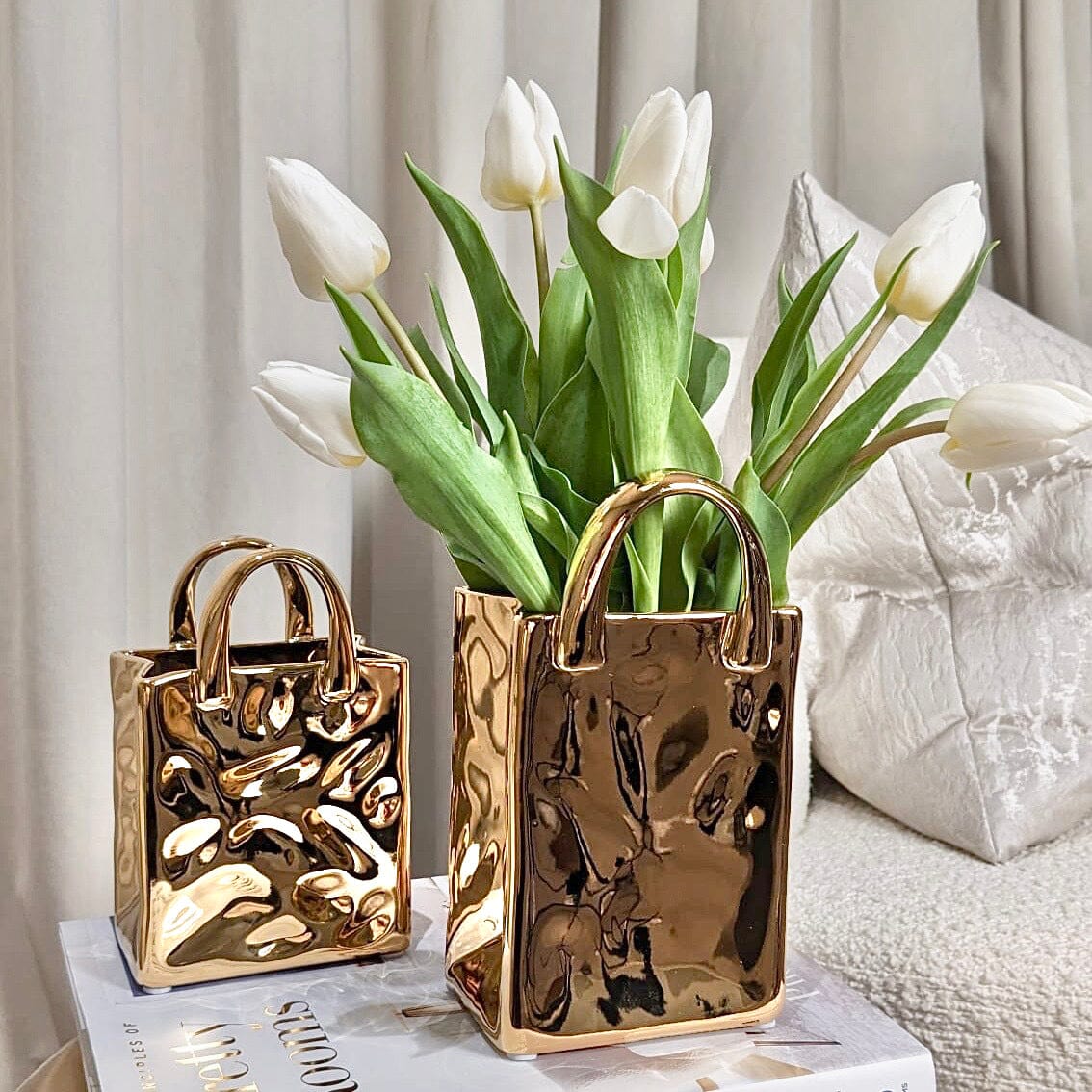 LuxeGleam - Unique Gold Hammered Tote Bag Vase