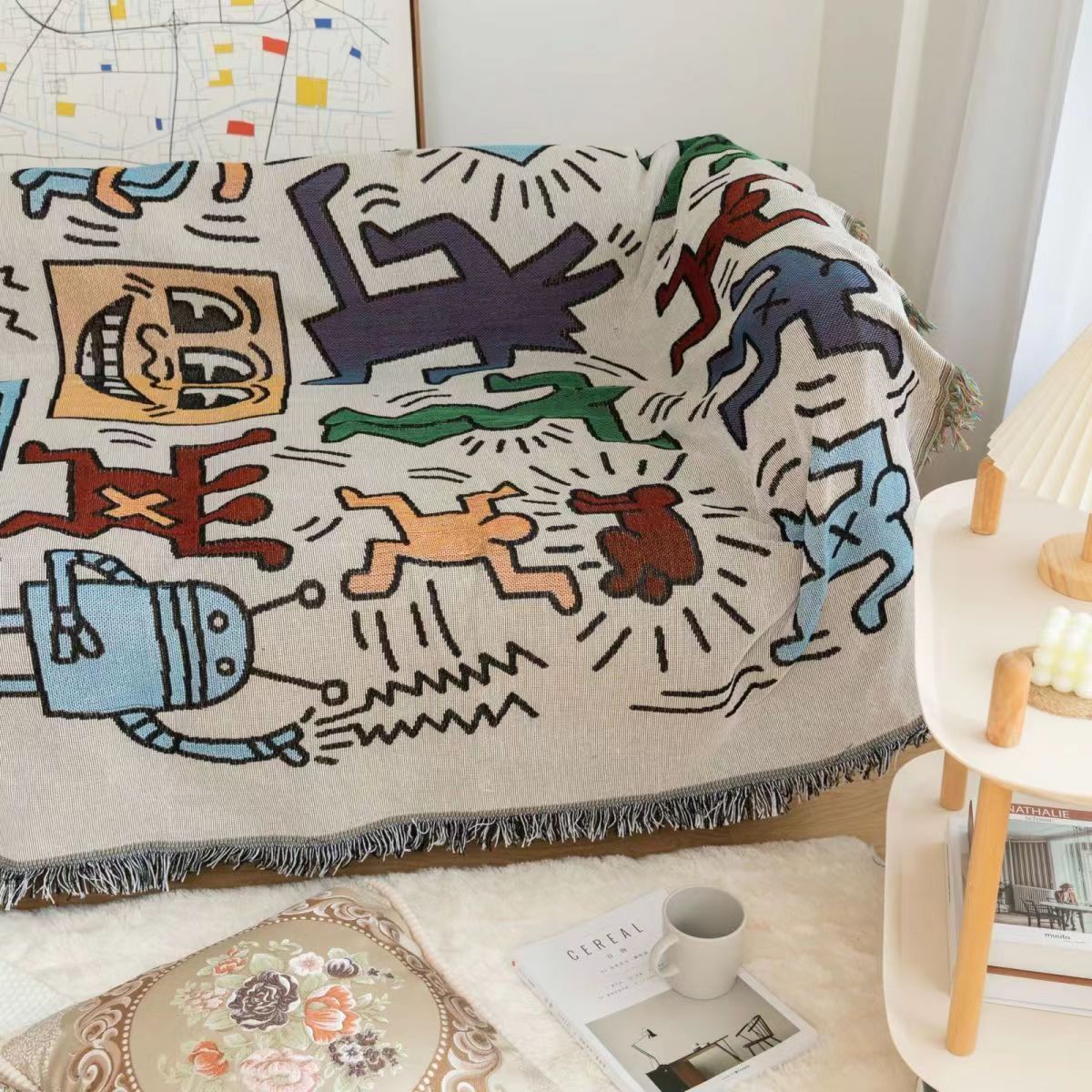 Artistic Puzzle Throw Blanket | Vibrant Design with Tassel Accents