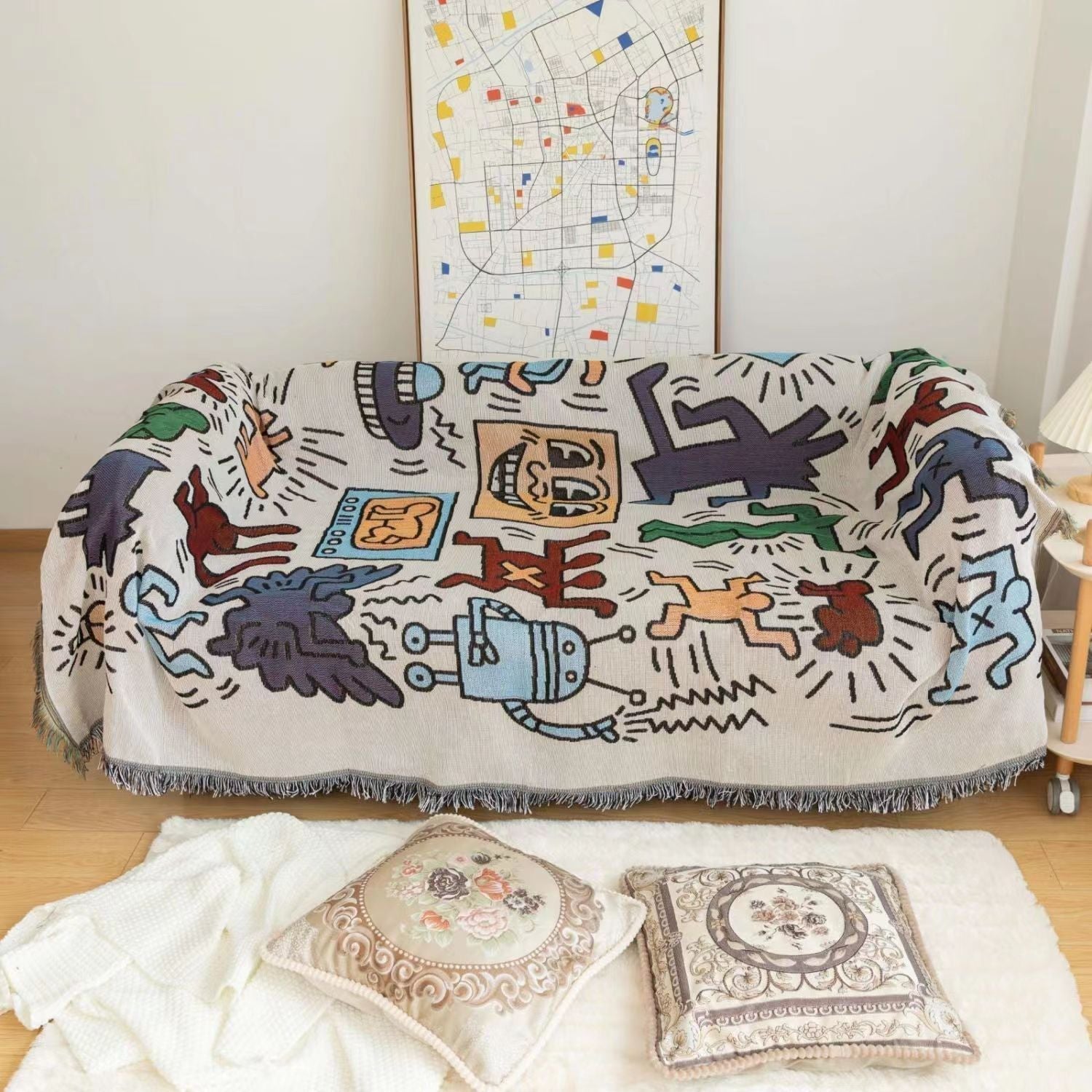 Artistic Puzzle Throw Blanket | Vibrant Design with Tassel Accents
