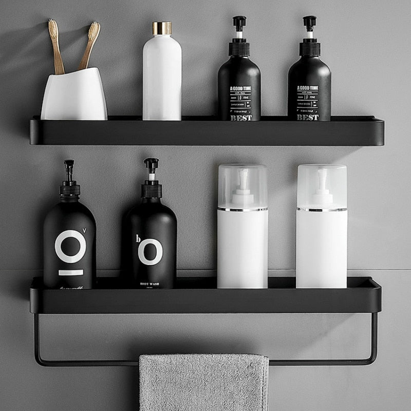 NoirLux- Wall Shelf Sleek Bathroom Storage with Towel Bar and Hooks